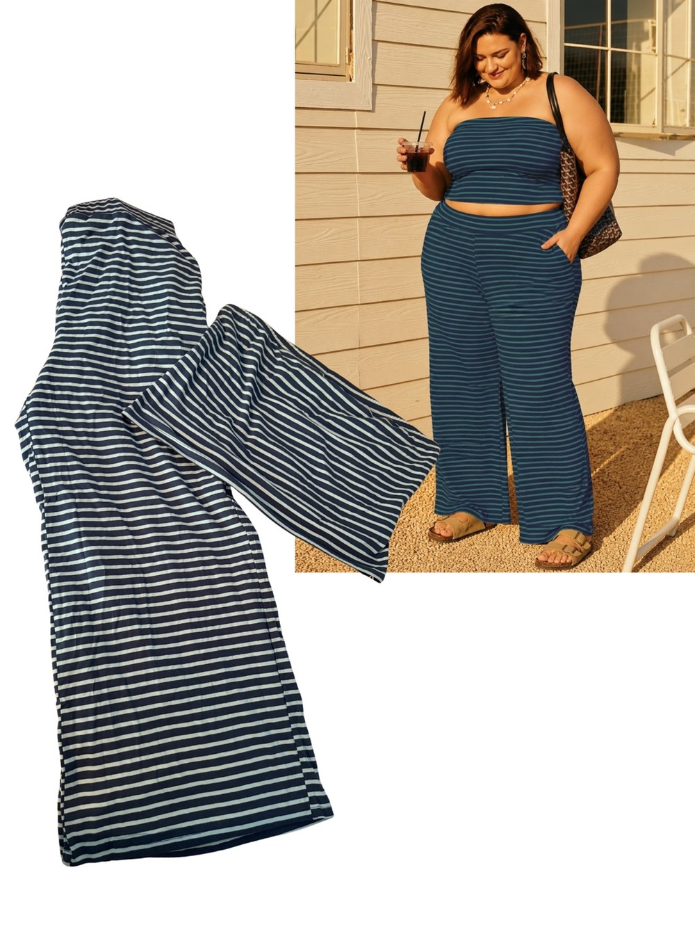 Striped Navy Blue Wide-Leg Pants and Tube Top set - Comfortable Summer Style